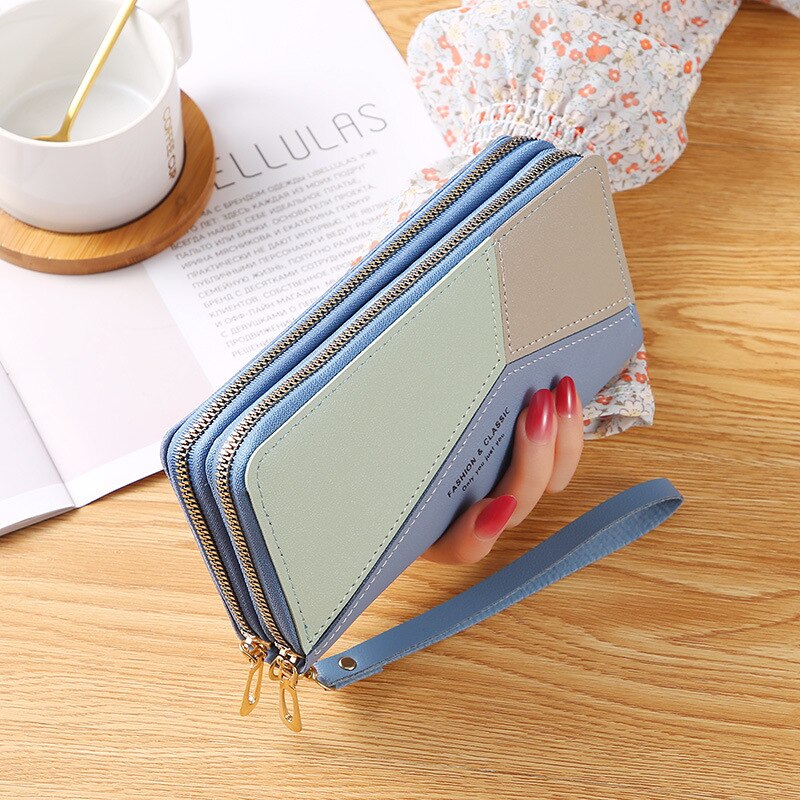 Vrouwen Portemonnee Pu Lederen Dobble Rits Vrouwelijke Portemonnee Lange Vrouwen Koppeling Kaarthouder Mobiele Telefoon Tas Portemonnee Carteira Feminina: blue 1
