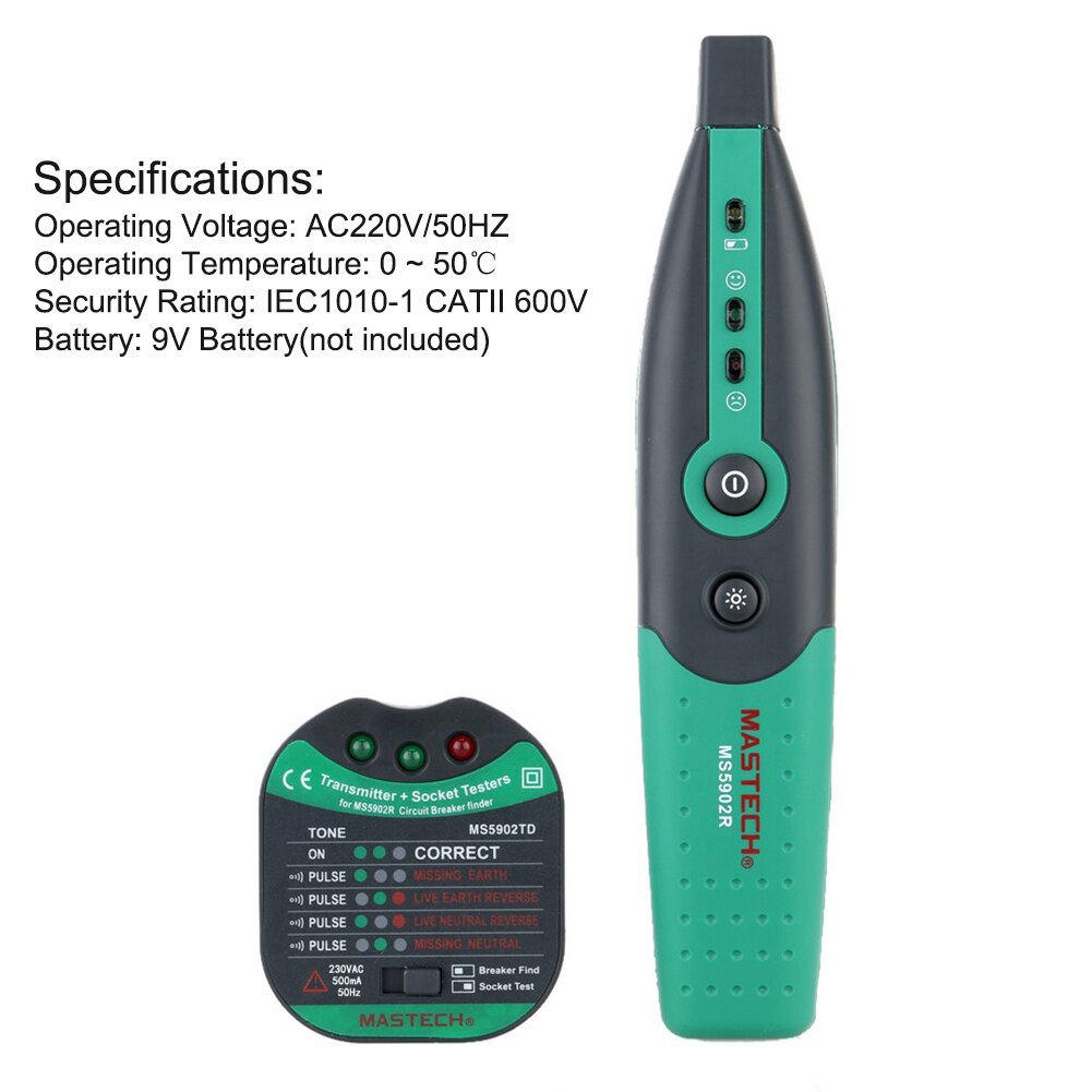 MS5902 AC 220V Socket Tester Circuit Breaker Finder Portable Low Battery Warning Home Office Automatic With Indicator Light