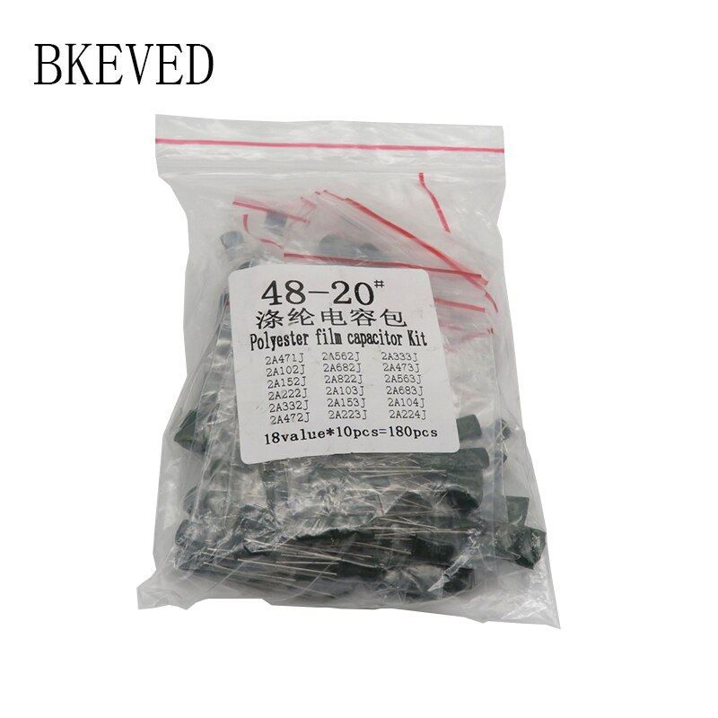 180 stücke = 18 wert * 10 stücke Polyester Film kondensator sortiert Bausatz enthält 2A104J 2A332J 2A472J 2A103J 2A333J 2A473J 2A563J 2A223J