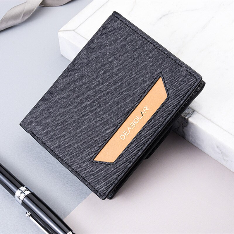 Men&#39;s Wallet Youth Short Vertical PU Male Wallet Stitching Canvas Pattern Wallet Male Card Wallet Bag: BLACK
