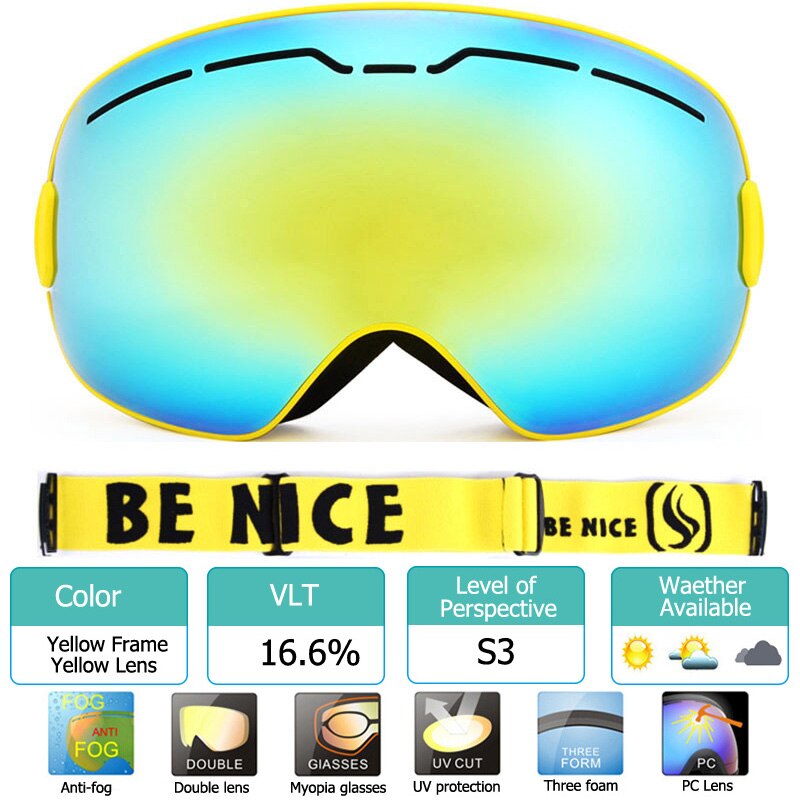 Uv400 anti-condens skibrillen met dubbele laag, grote lenzen, skibrillen met grote frame, sneeuwbrillen voor mannen, snowboardbrillen met spiegelcoating: Geel