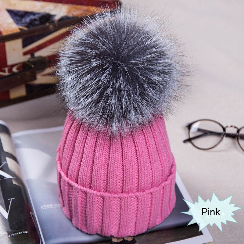 Damer kvinder afslappet varm vinter beanie stor imiteret pels pom pom bobble hat strikket ski cap: Lyserød