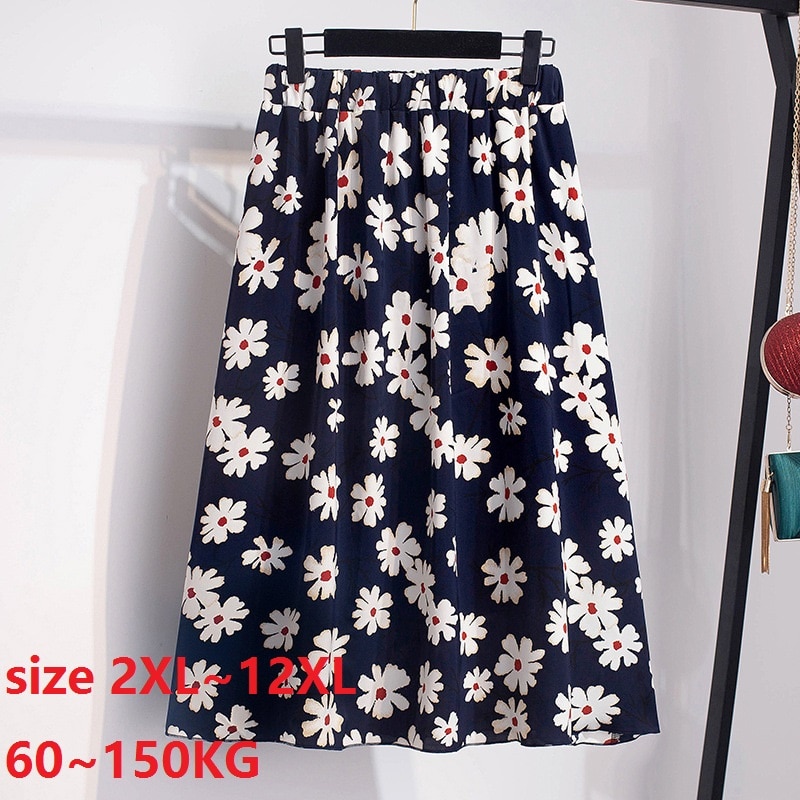 Falda de chifón para mujer, talla grande, 8XL, 10XL, 12XL, 100KG, 150KG, holgada, talla grande, cintura elástica, Floral, falda acampanada