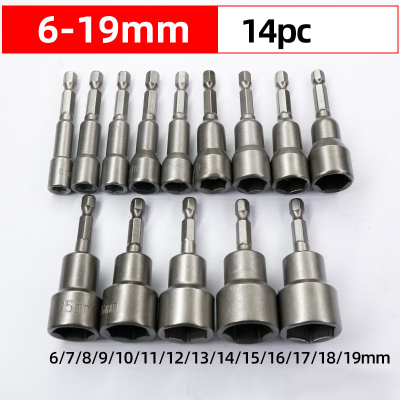 6mm-19mm støtskrutrekker magnetisk mutter skrutrekker 1/4 sekskantnøkler sett borebitsadapter for kraftbor slagdrivere socketsett: 6-19mm(14 stk)