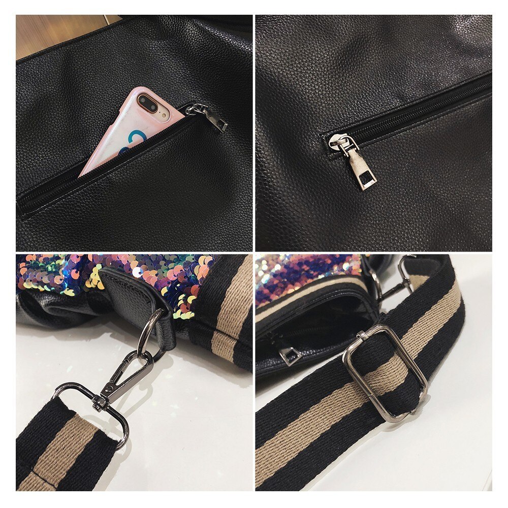 Ttou stor lomme kvinners veske skinnende paljetter tote skuldervesker til kvinnelige brev trykk høy kapasitet crossbody vesker