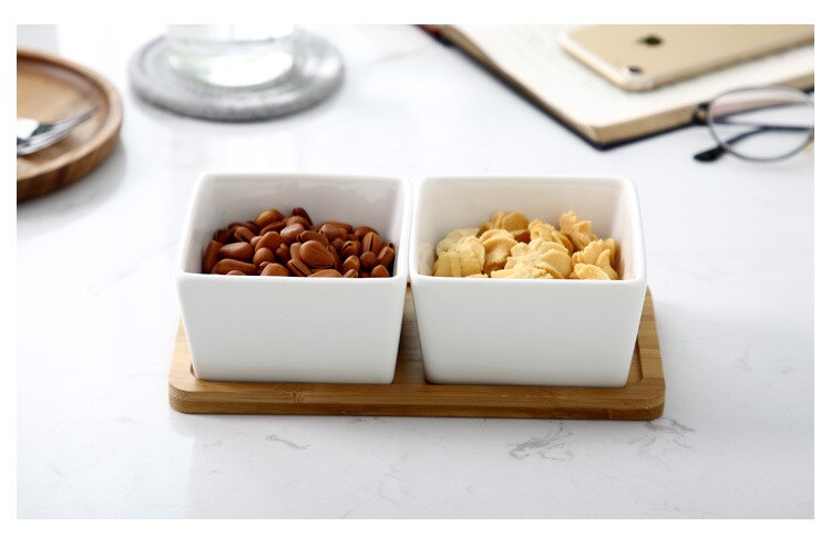 Keramische plaat houten schaal japanse stijl rooster snacks meloen fruit partitie plaat gedroogd fruit bord snoep noten schaal combinatie: Twee roosters ingesteld