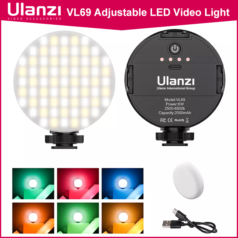 Ulanzi VL69 Verstelbare Led Video Light 2500K-6500K 800LUX Oplaadbare Vlog Licht Met Zachte Diffuser 6 Kleur gel