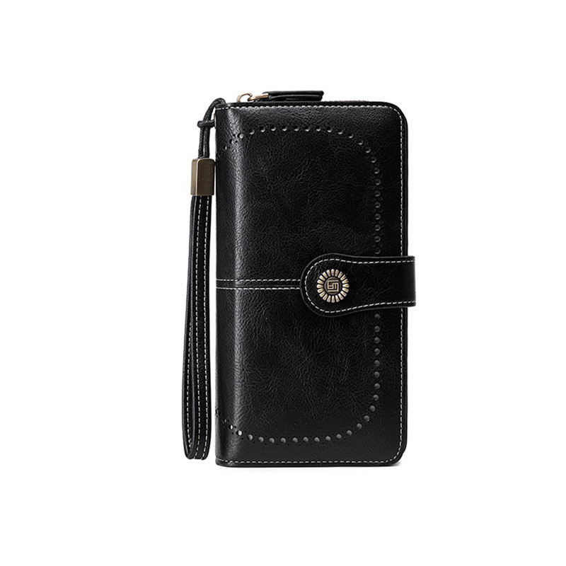 Vintage Ladies Long Leather Wallet Retro Natural Skin Zipper Coin Bag Card Holder Large Capacity Wallet For Girl: Beige