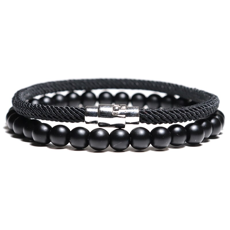 2 pçs/pçs/set grânulos de pedra natural corda pulseira conjunto artesanal dos homens pulseira de corda conjunto para biker masculino jóias homme bileklik: Black Set