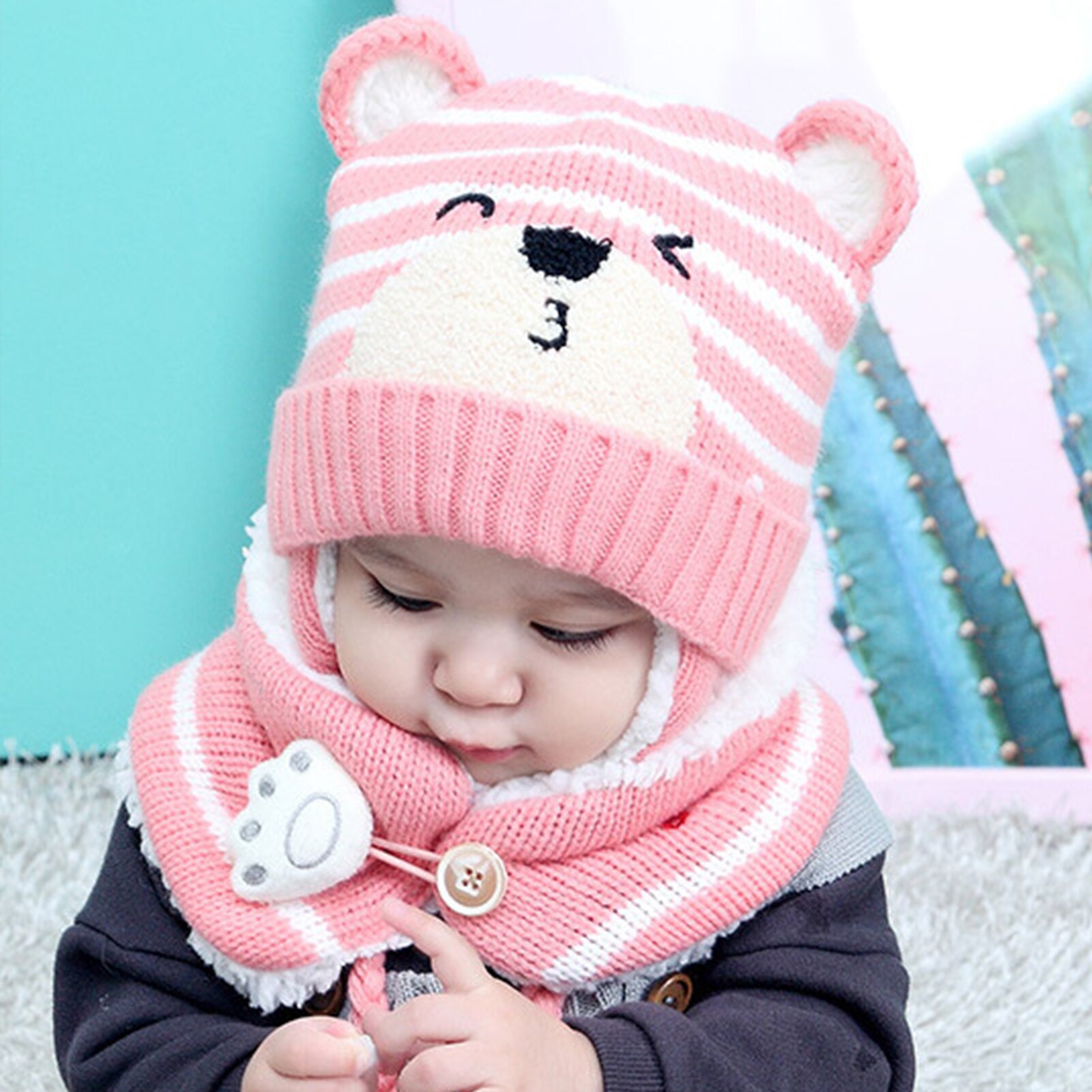 6M-34M Unisex invierno niños bebé niñas dibujo animado de oso para niños sombrero de punto a rayas gorro lana bufanda orejera mantener el conjunto para al aire libre