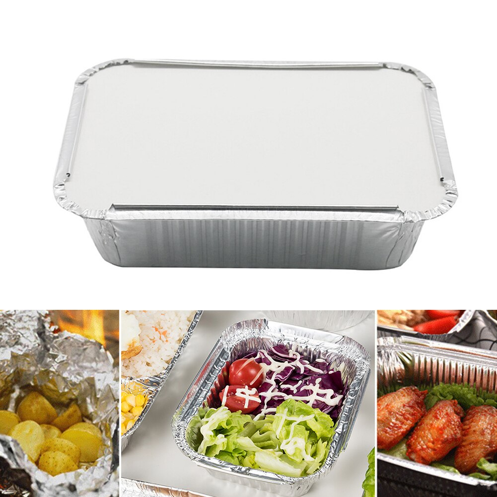 Bandeja de aluminio rectangular desechable para alimentos, recipiente molde para hornear con tapa para barbacoa, contenedor de alimentos, accesorios para barbacoa, 50 Uds.