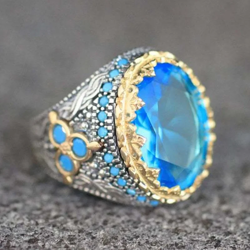 Exquisitos anillos redondos de circón azul con incrustaciones de piedra azul cielo, anillos de boda de compromiso de dos tonos de Metal a la para mujeres y hombres, joyería: 9