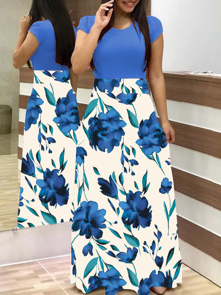 European and American style floral print color matching long sleeved dress, long women's large swing skirt