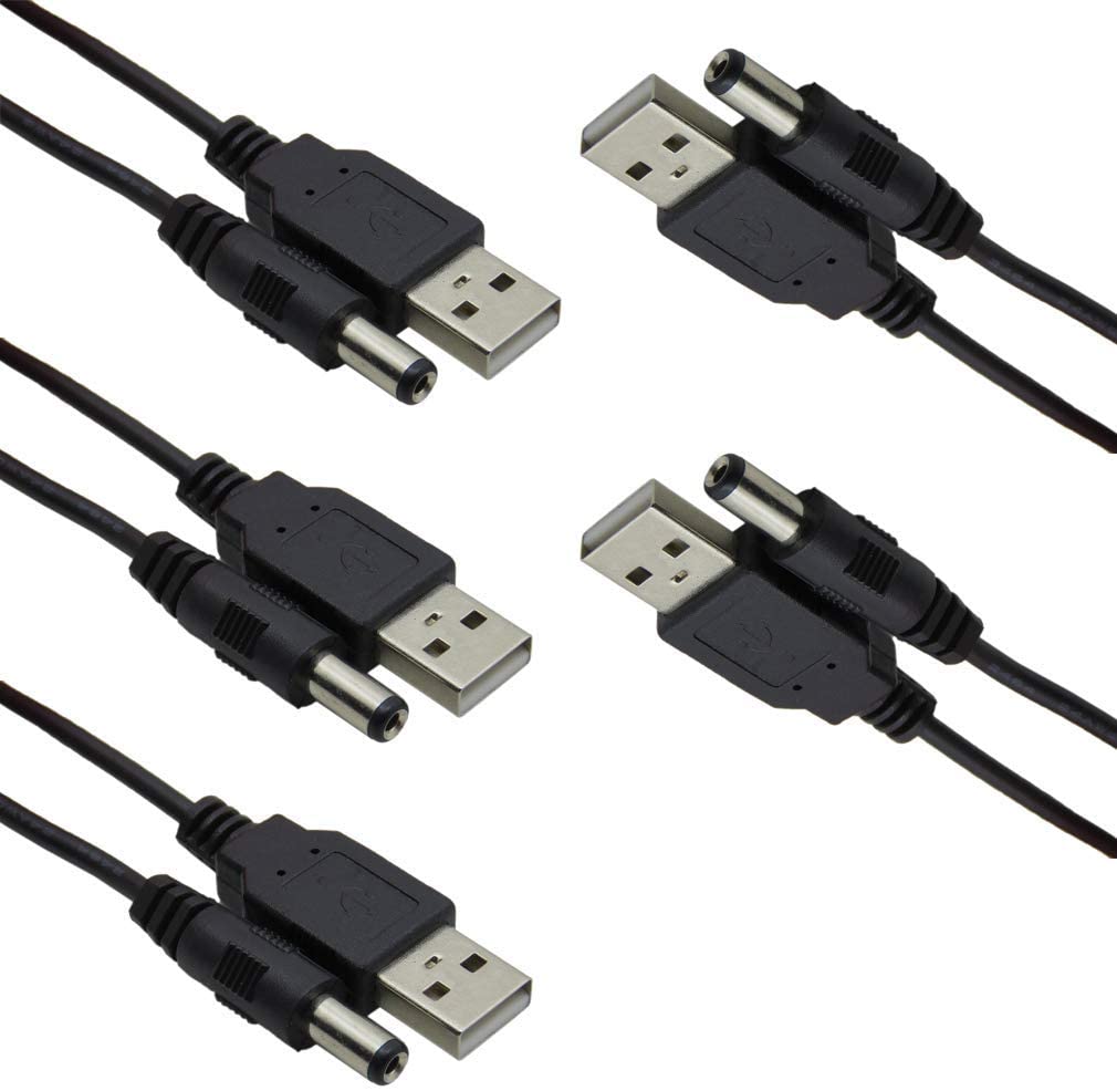 5Pcs Usb 2.0 A Male Naar Dc 5.5X2.1Mm 5 Volt Dc Connector Charge Barrel Jack Power kabel Zwart (Max 2.5 Ampere Power Kabel, center