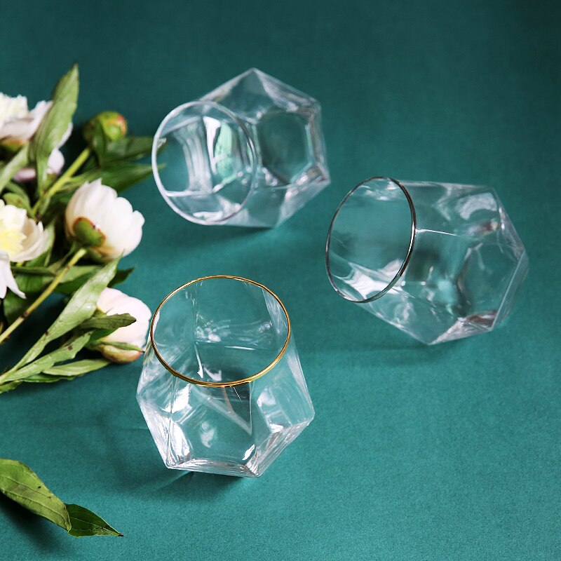 Vasos de vino de cristal creativos, vasos de Whisky dorados con borde de diamante, vasos de cristal hexagonales duraderos, juego de copas de vino