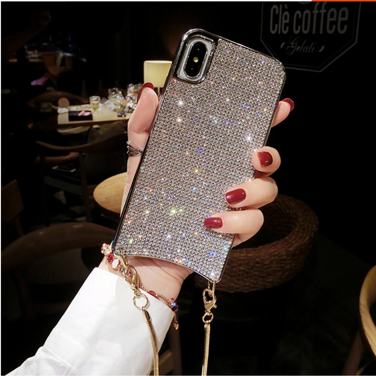 Diamond Crossbody Case For iPhone XS MAX XR X 6 8 7 Plus 11 Pro Cover Bling Glitter Rhinestone Women With Long Strap Metal Chain