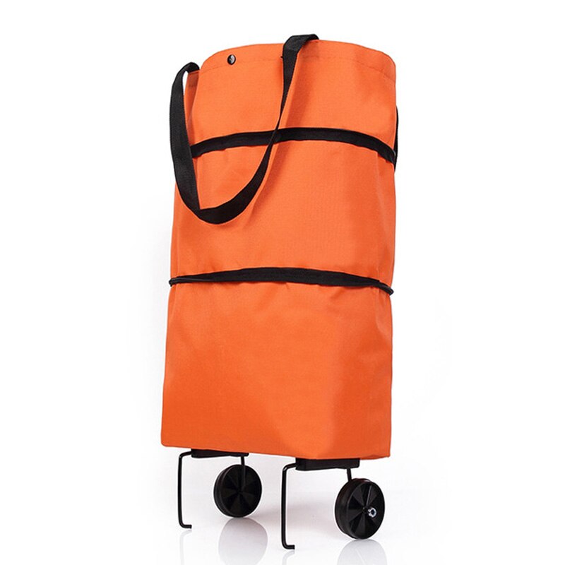 Folding Shopping Pull Cart Trolley Bag with Wheels Foldable Shopping Bags Grocery Food Organizer Vegetables Bag: Orange