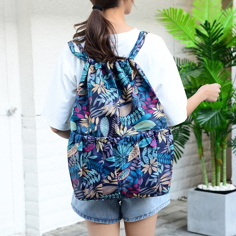 Mochilas de Nylon con cordón para mujer, mochilas de gran capacidad con estampado Floral, bolsas de compras para viajes y Fitness