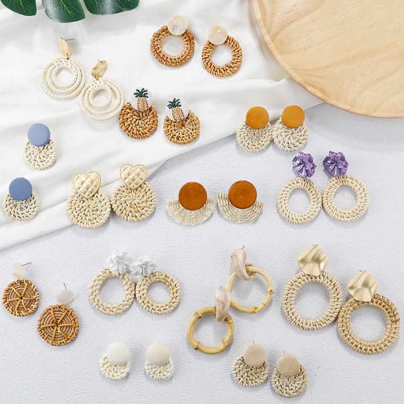 AENSOA Fashion Handmade rattanowe dzianiny spadek kolczyki unikalne 2021 lato wisiorek kolczyki geometryczne dla kobiet Party biżuteria prezent