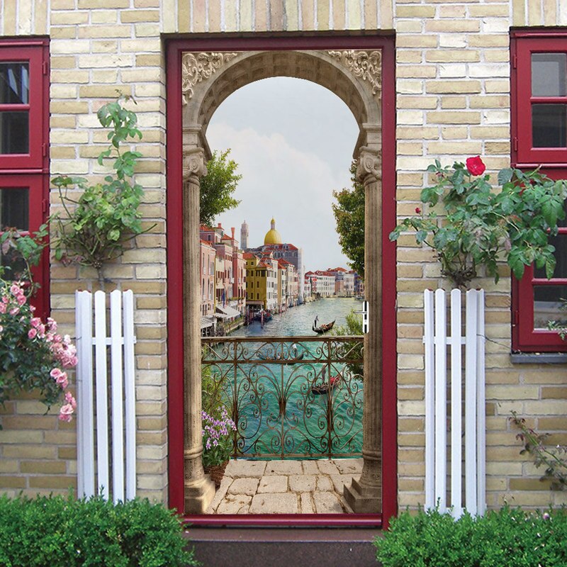 3D balcón mar paisaje puerta pegatina arte DIY pared Mural sala de estar dormitorio puerta papel tapiz PVC autoadhesivo impermeable decoración de casa
