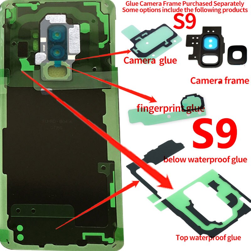 For SAMSUNG GALAXY S9 G960 G960F Battery Cover Back Glass Cover S9+ S9P S9 PLus G965 G965F Battery Cover Rear Door Housing Panel: S9-Glue-frame