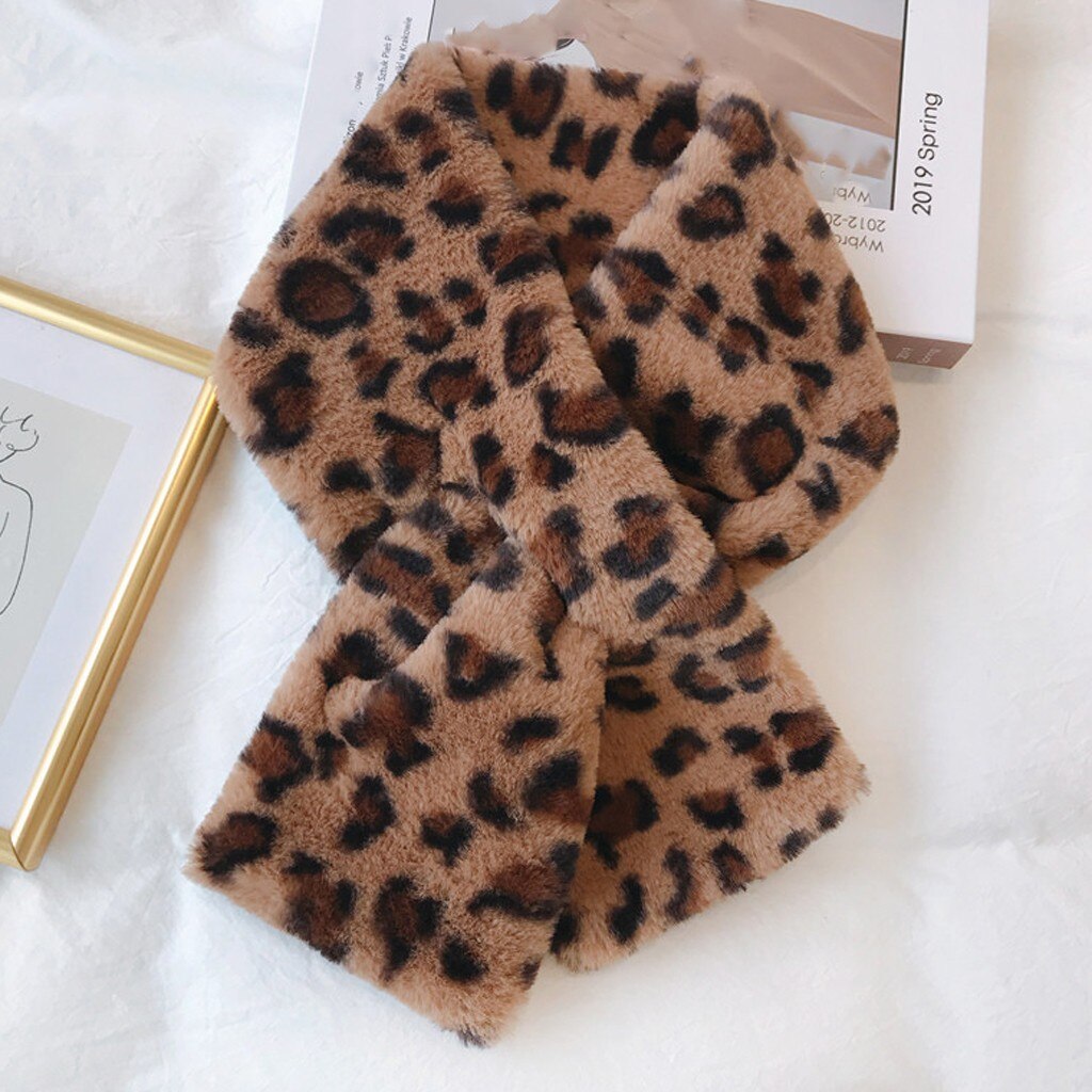 Bufanda de pelo sintético para mujer, Fular cálido de felpa con estampado de leopardo, suave y cómodo, cálido, 25 #: Brown 