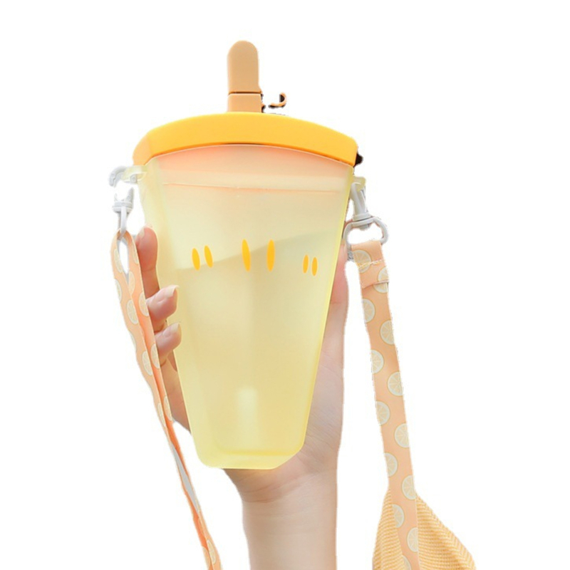Plastic Water Bottles Cute Watermelon Ice Cream Water Bottle With Straw Bottle Anti-fall Portable Popsicle Cup Kids Water: Yellow