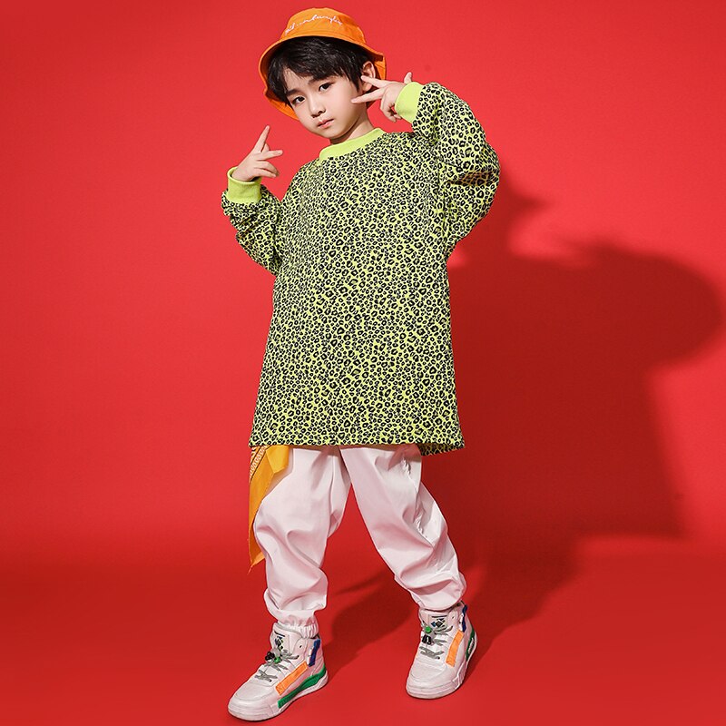 Kids Hip Hop Dancing Outfits Leopard Print Long Sleeve Sweatshirt Streetwear Jogger Pants for Boys Jazz Dance Costume Clothing