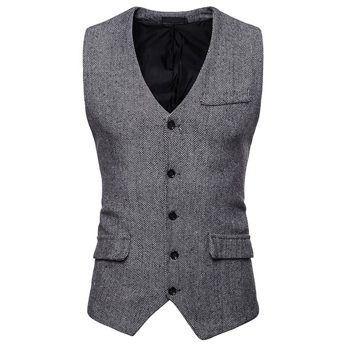 Vintage Suit Vest Men Casual Slim Fit Black Herringbone Vests Single Breasted V Neck Business Gilet Homme Chalecos Para Hombre: Black And White / S