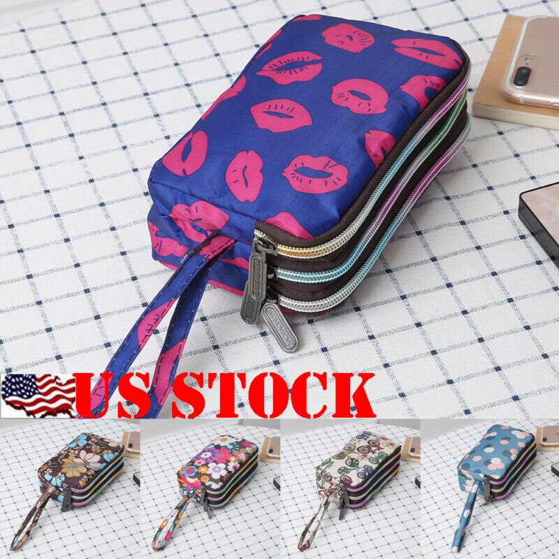 Womens Print 3 Layer Canvas Telefoon Tas Korte Portemonnee Drie-Layer Rits Coin Card Key Purse Voor Vrouwen 'S Bank Kaarthouder Pack