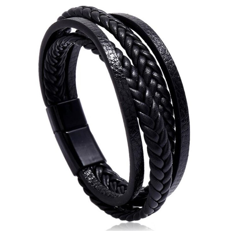 Pulseras de cuero para hombre, Brazalete moderno de varias capas, tejido a mano, estilo hip hop Rock, para novio: Black-Black