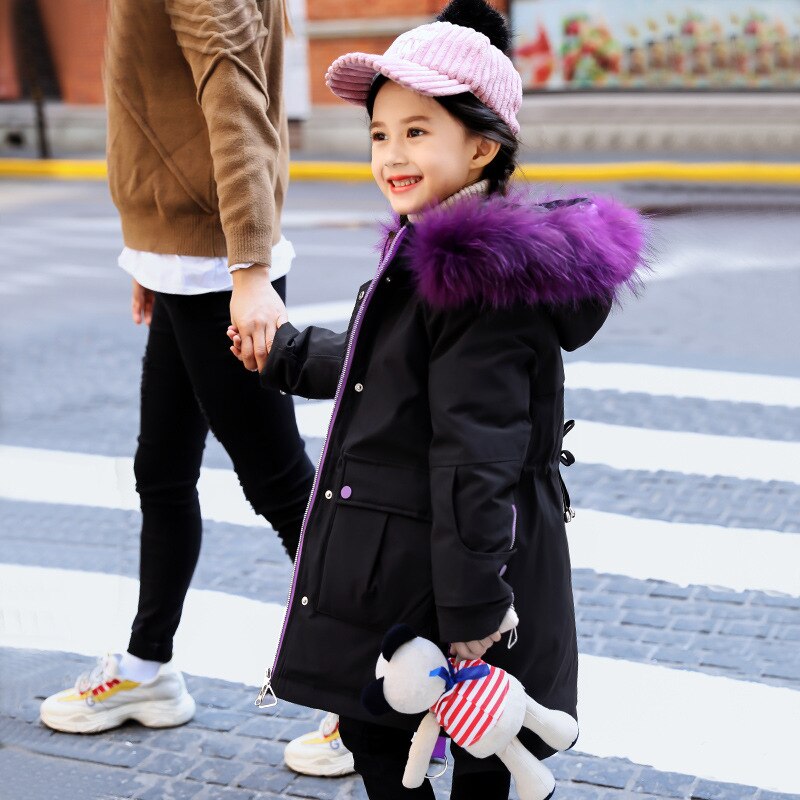 Chaqueta rusa de invierno para niñas, abrigos de invierno para niños, chaquetas de plumas, abrigo de piel con capucha, abrigo de 3 a 14 años, Parka para niñas adolescentes: Black / 120(Height 110-120cm