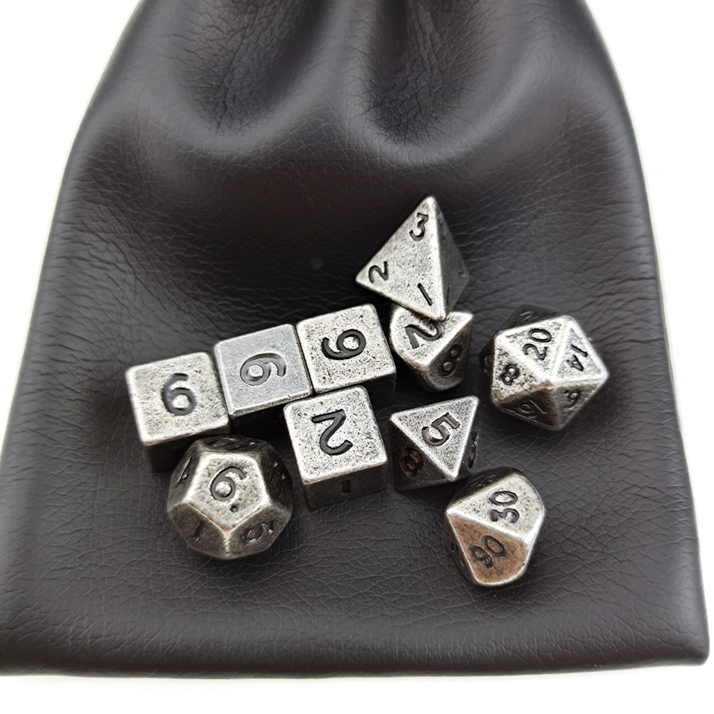 10mm Mini DND Metal Dice 7 Die Set + 3 Extra D6s Total 10pcs Antique Silver Finish with Pouch for RPG Games