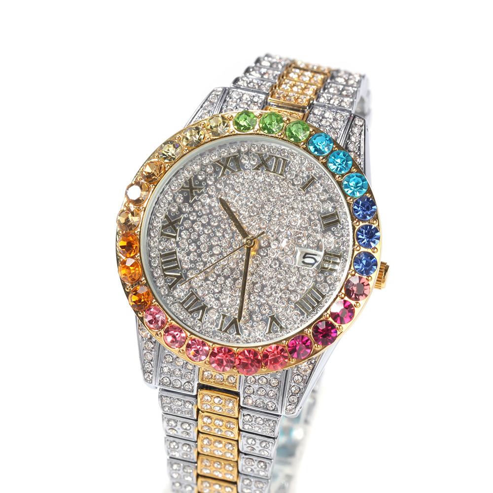 Inew Missfox Grote Rainbow Diamond Luxe Heren Horloges Top Luxe 18K Gold Mannen Horloge Luxe Iced Out quartz Wristwat