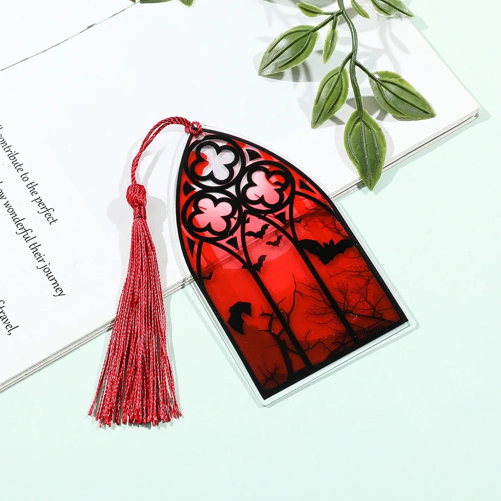 Marcapáginas acrílico de estilo gótico, patrón de ventana de Color sangre, marcapáginas decorativos con borlas, adorno colgante para libro de lectura: Rojo