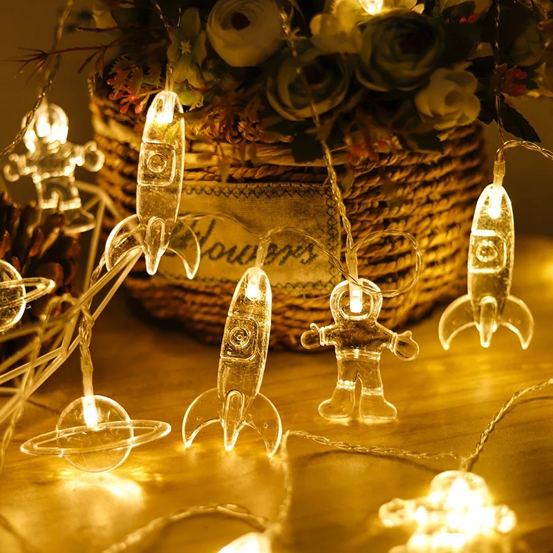 10leds astronaute fusée planète fée guirlande lumineuse alimenté par batterie LED galaxie chaîne lumière pour enfants décor de fête de noël