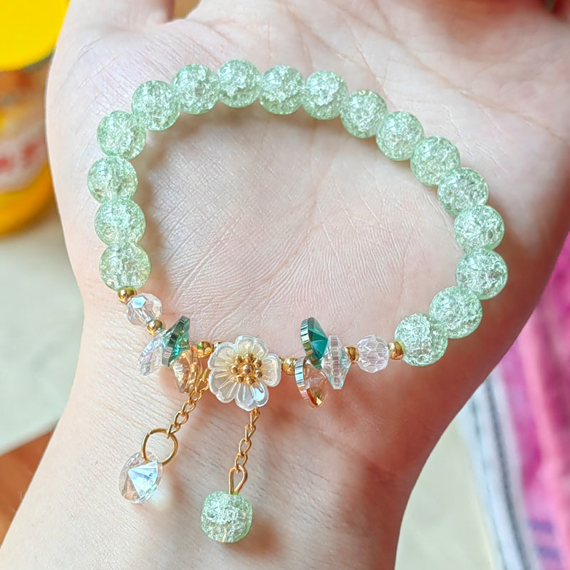 Bonita pulsera de cuentas de cristal verde para mujer, pulsera elástica ajustable con dije de flor de Lily Valley, joyería de cumpleaños y boda: Color marrón amarillo