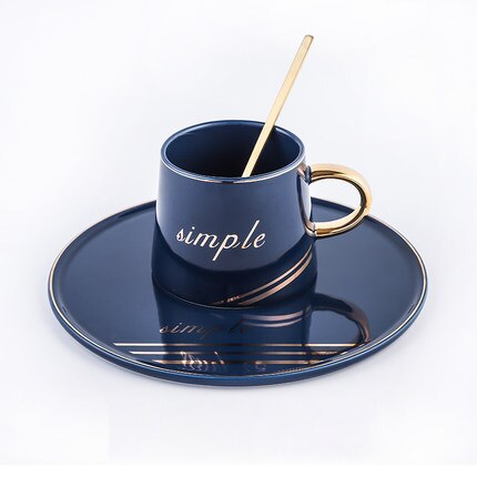 Kondenserad kaffe guldkant keramisk kopp tumlare tekoppar och fat set sojamjölk drinkware frukostmuggar fat sked set: Blå