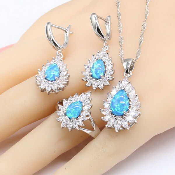Conjuntos de joyas de boda de color plata con ópalo azul pera para mujer, collar, colgante, pendientes, anillos, pulseras de cristal azul cielo: 3 piezas / 8