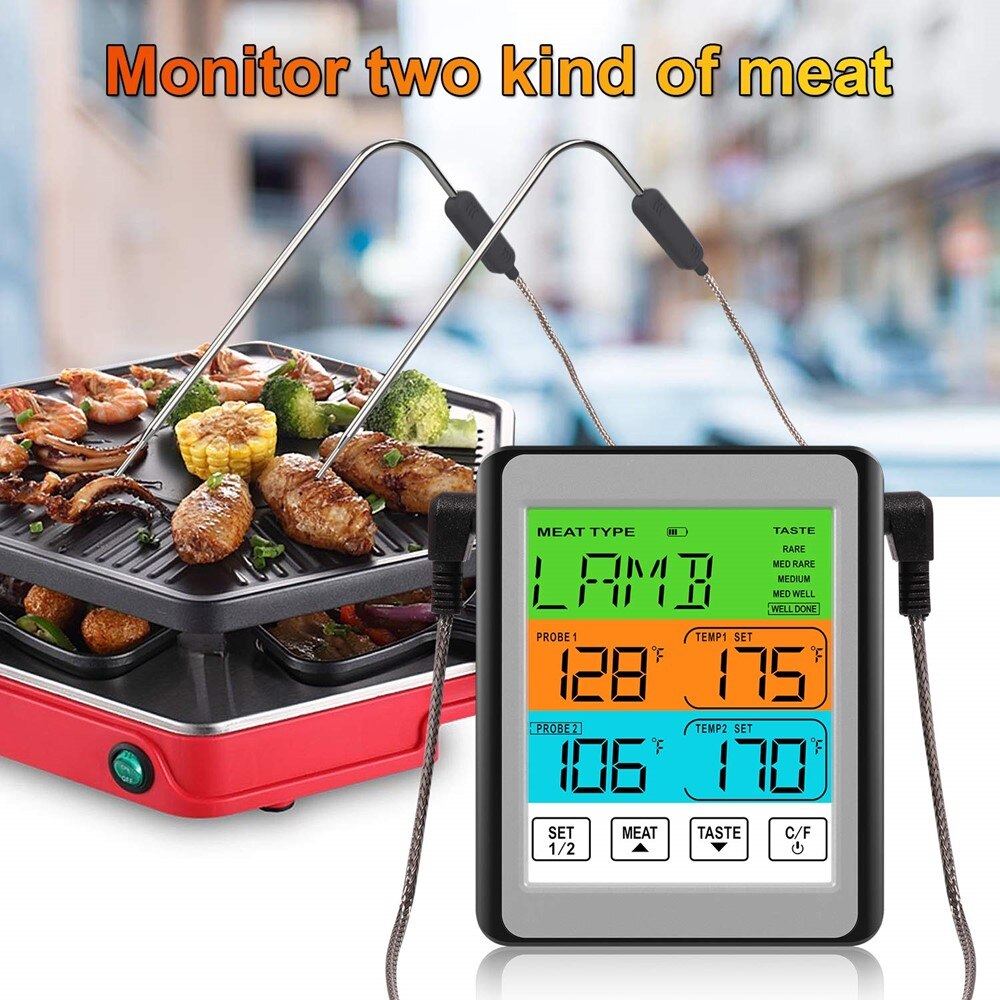Digital Food Thermometer Touchscreen Meat Thermometer With Waterproof 2 Probe for Kitchen Cooking Grilling Smoking Oven BBQ