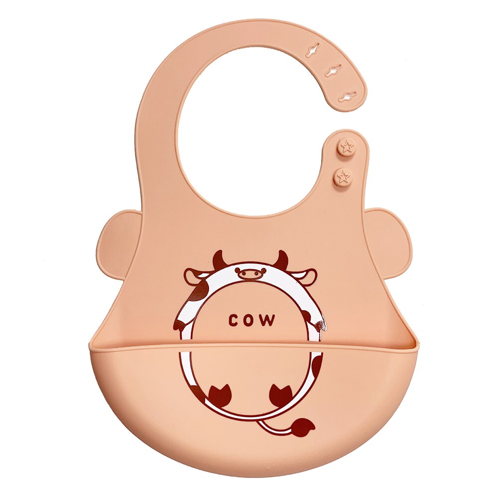 Baby Bibs Waterproof Silicone Feeding Baby Saliva Towel Newborn Cartoon Aprons Baby Bibs Adjustable Buttons Burp Cloths: Cow