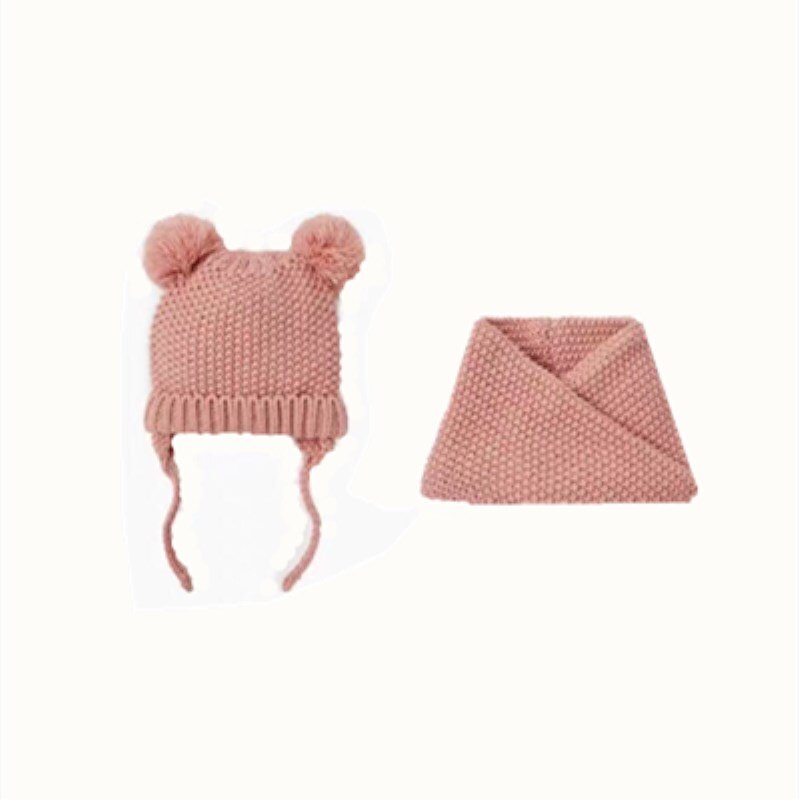 Sengetøj beanie sæt strikket hat tørklæde sæt 2- stykker beanie neckwear sæt: Lyserød / 6-12 måneder