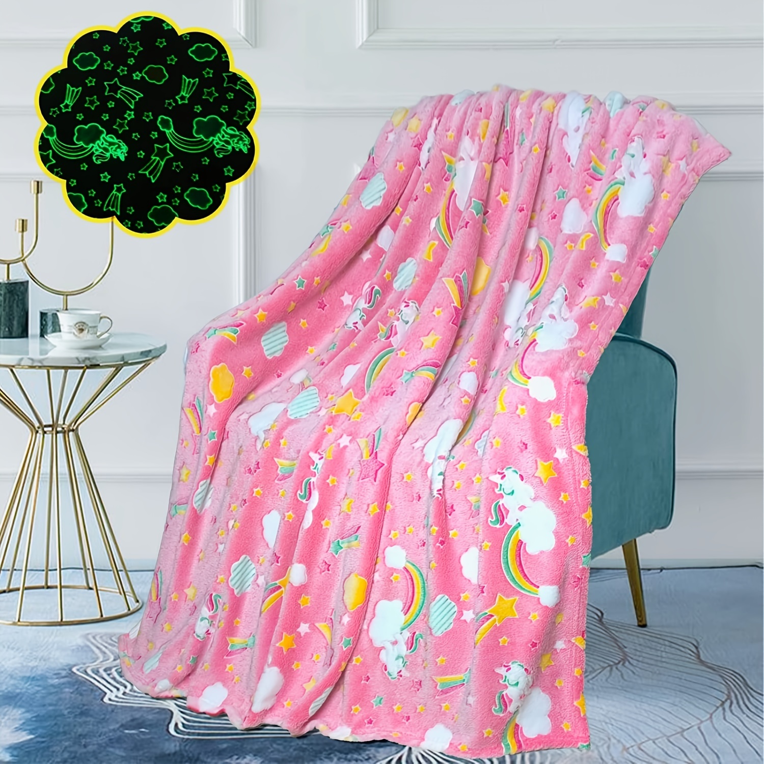1 manta de arcoíris que brilla en la oscuridad, manta suave para niñas y niños, manta de acampada, para niños de 1 a 10 años: 100 x 150 cm