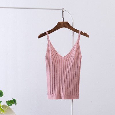 Kvinder sexet strikket crop top crop ærmeløs cropped vest slim sling strikket tank top v-hals almindelig camisole høj elastisk camis: Lyserød