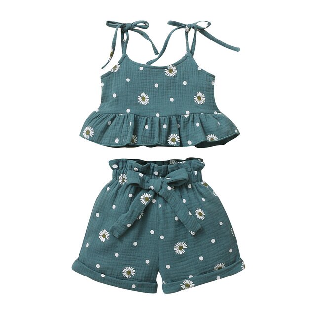 L'été 2-6Years Bambin Filles Tenues Sans Manches Noeud papillon Sangle Imprimé Marguerite Hauts + Ensemble Short Et Haut Vêtements: green / 2T