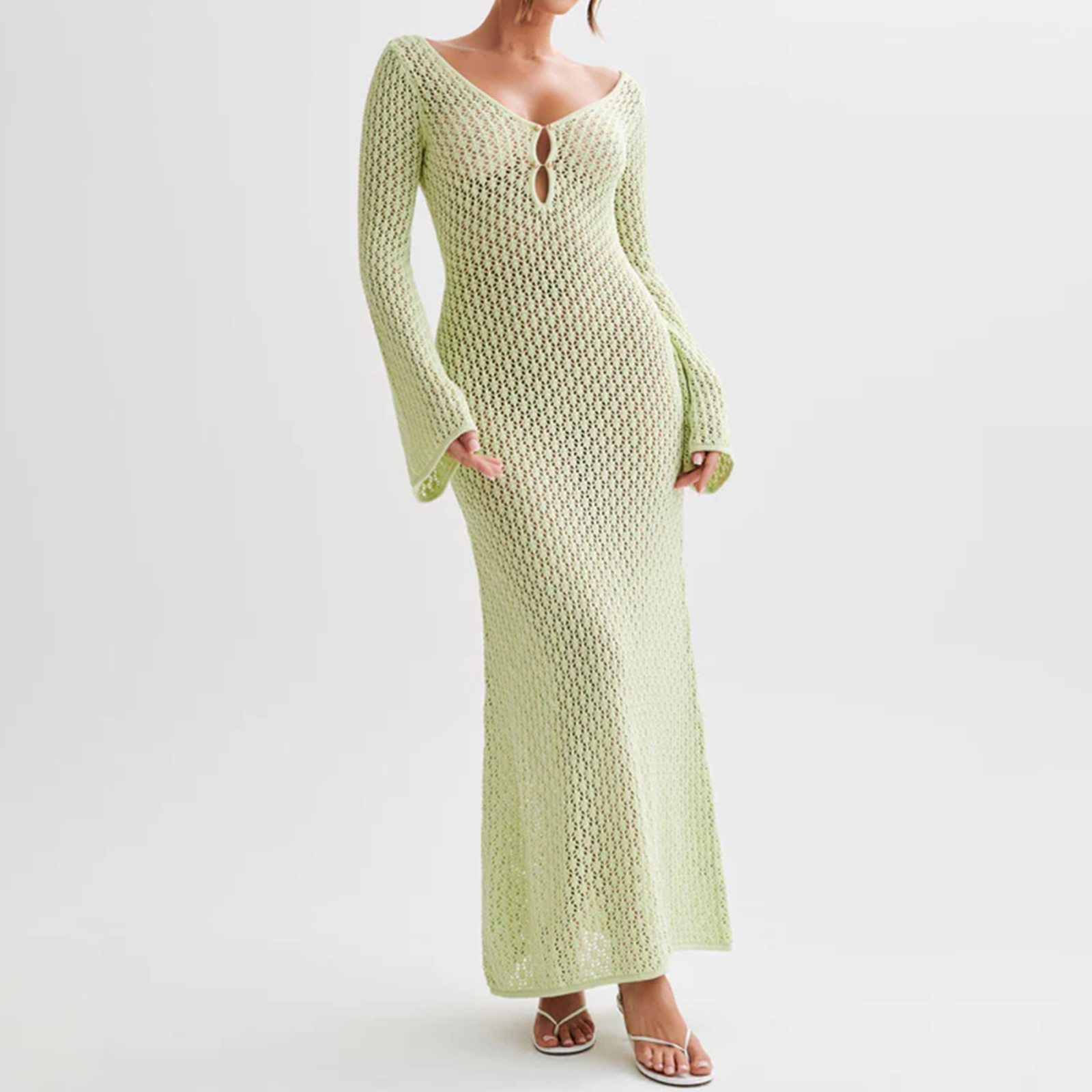 Yiiciovy Sexy Damen-Strandkleid, lang, gestrickt, ausgehöhlt, tiefer V-Ausschnitt, langärmelig, Bikini-Vertuschungen, Kleid, Herbst, rückenfrei, Urlaubskleid: M / green