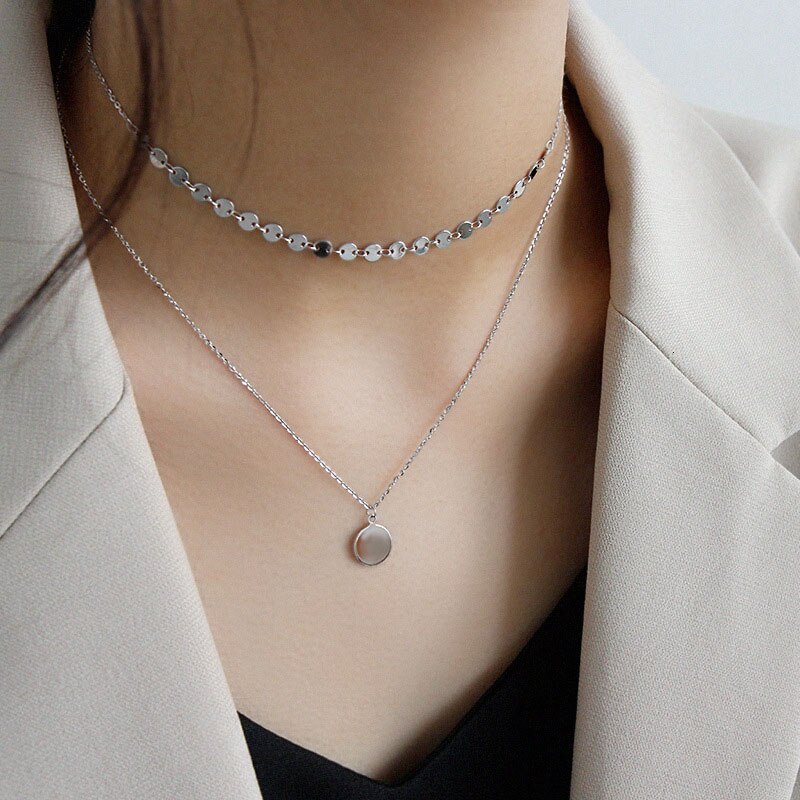 Collier rond avec pendentif en argent Sterling 925 pour femmes, ras de cou à couches coréennes, accessoires de fête personnalisés, bijoux fins: platinum color