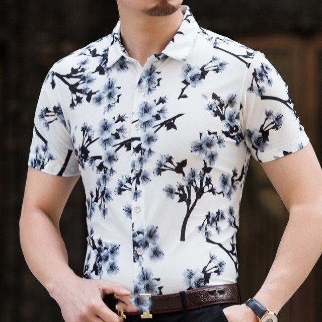 Hawaiian Casual 80% Silk Shirt Men Short Sleeve Both Sides Print Chinese Dragon Nation Flower Beach Summer Clothes