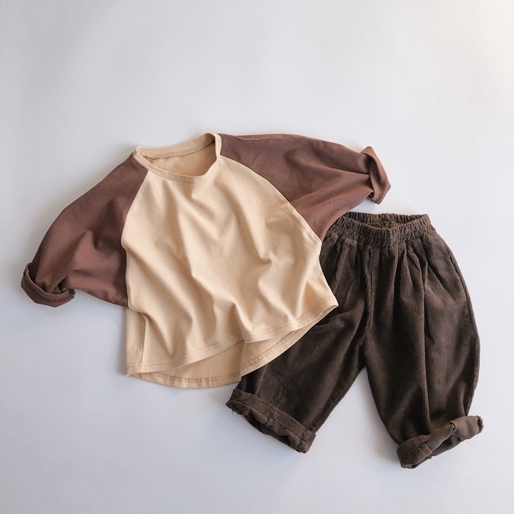 Children Pure Cotton Long-sleeved T-shirt Spring Baby Underwear Shirt Contrast Color Bat Sleeve Tops