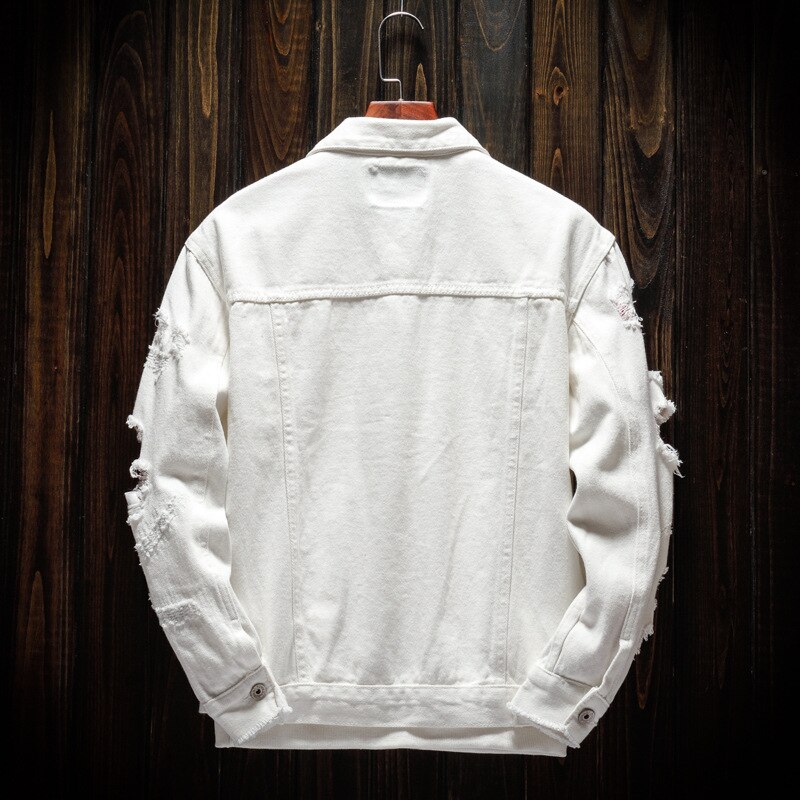 Chaqueta vaquera holgada de manga larga para hombre, abrigos con agujeros, color blanco, para primavera y otoño